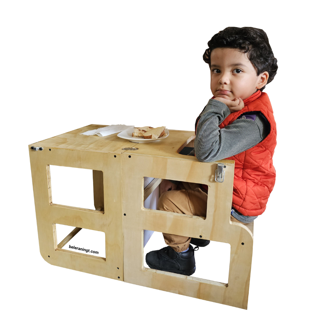 Kit | Torre de Aprendizaje Montessori 3 Niveles Ajustables | Madera de Pino  con Barandales | Niños | Color Natural